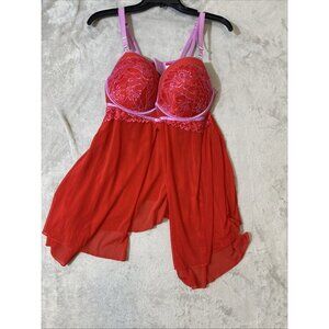 Auden Red Sheer Lace Babydoll Lingerie Nightgown Size Large